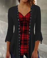 Blus med rutig panel och utsvängda ärmar